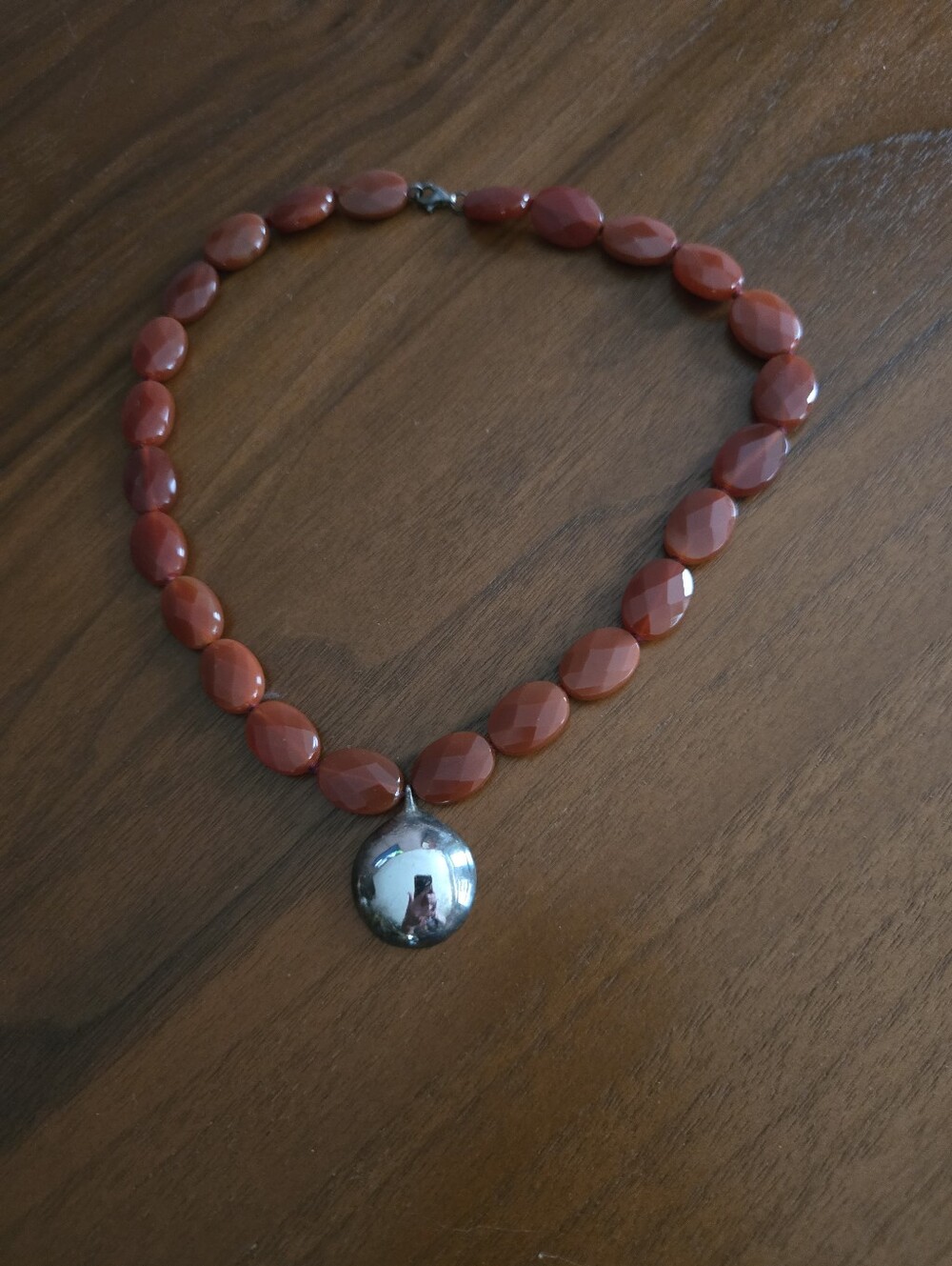 Faceted Genuine Carnelian Necklace W/ Silver Disc.